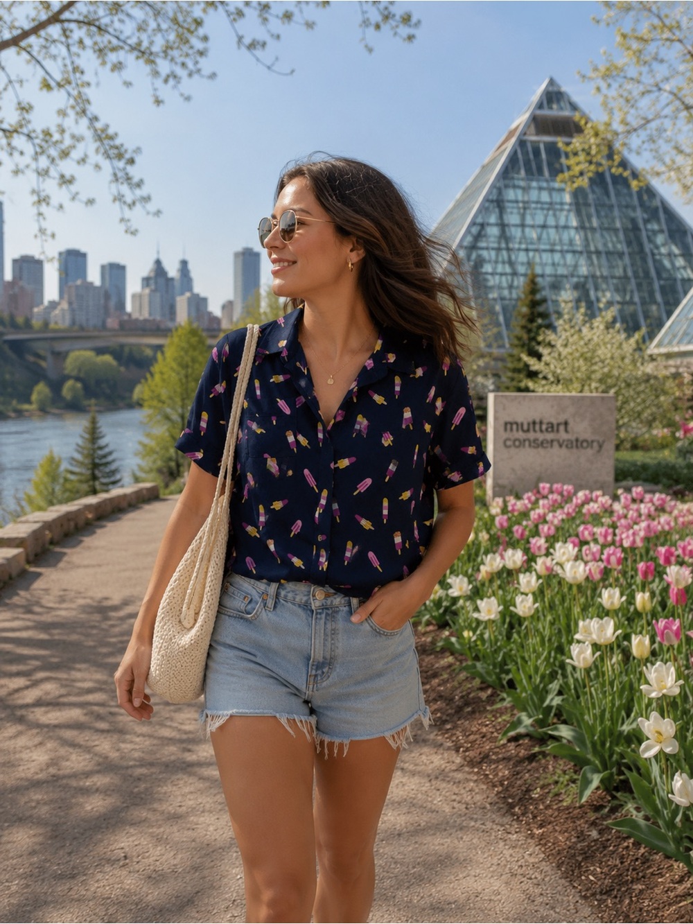 532. Short-Sleeve Button-Up Shirt - Navy with Pink Print
